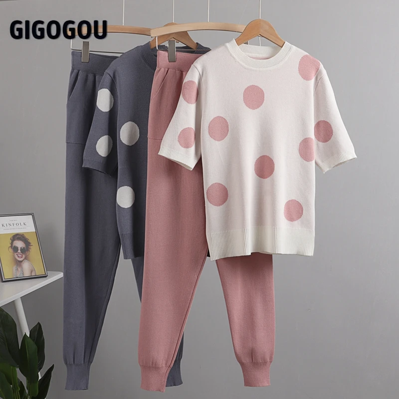 GIGOGOU Spring Polka Dot Printed 2 Piece Set Women Short Sleeve Knitted Sweater Female Top + Pants Suit Summer Tracksuits | Женская