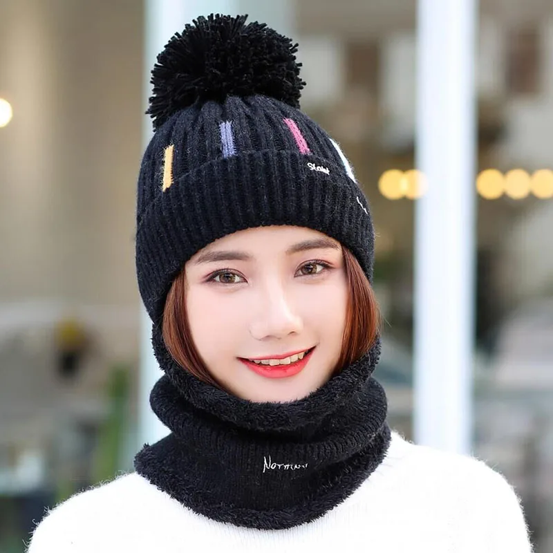 Knitted Hat With Scarf Collars SUOGRY Sets For Women Winter Ladies Hat& Scarf With Pompom Thick Two Piece Keep Snow Warm Set