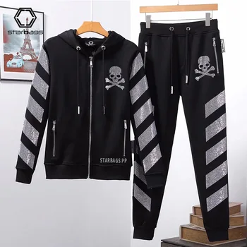 

2020 autumn skull PP hot color diamond cardigan Hoodie long pants men's suit 2 pieces high quality