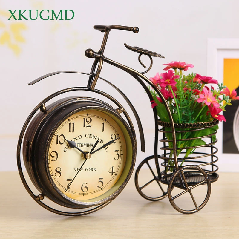 Tricycle Wrought Iron Ornaments Round Clocks Desktop Flower Arrangement Container Retro Bicycle Home Decorations | Дом и сад