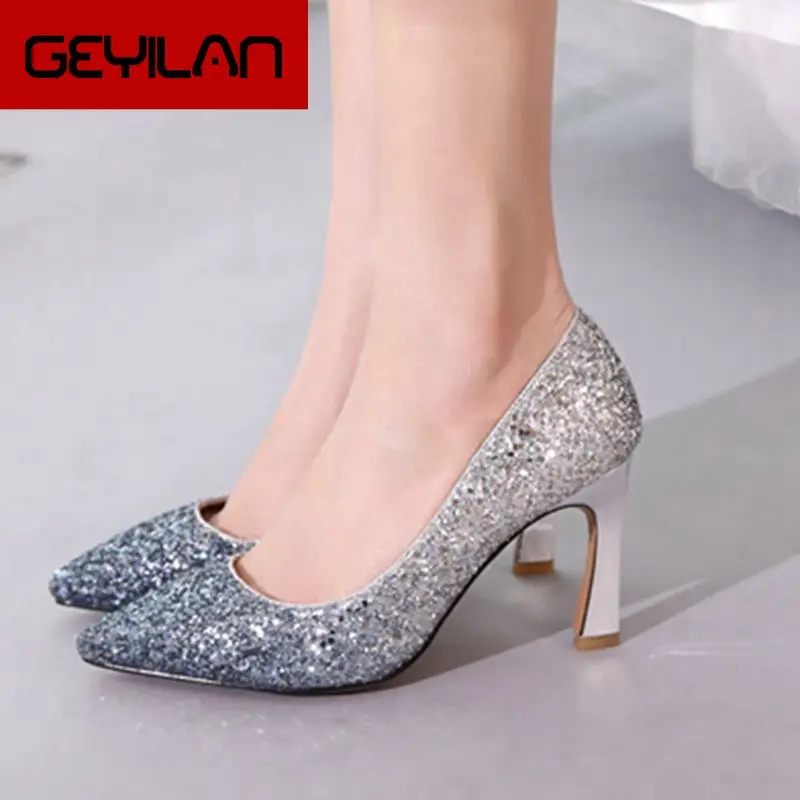 

Women Shoes Fashion Sequined High Heels Sexy Thin High Heels Pumps Pointed Toe Slip On Party Wedding Shoes 2019 Gold Silver