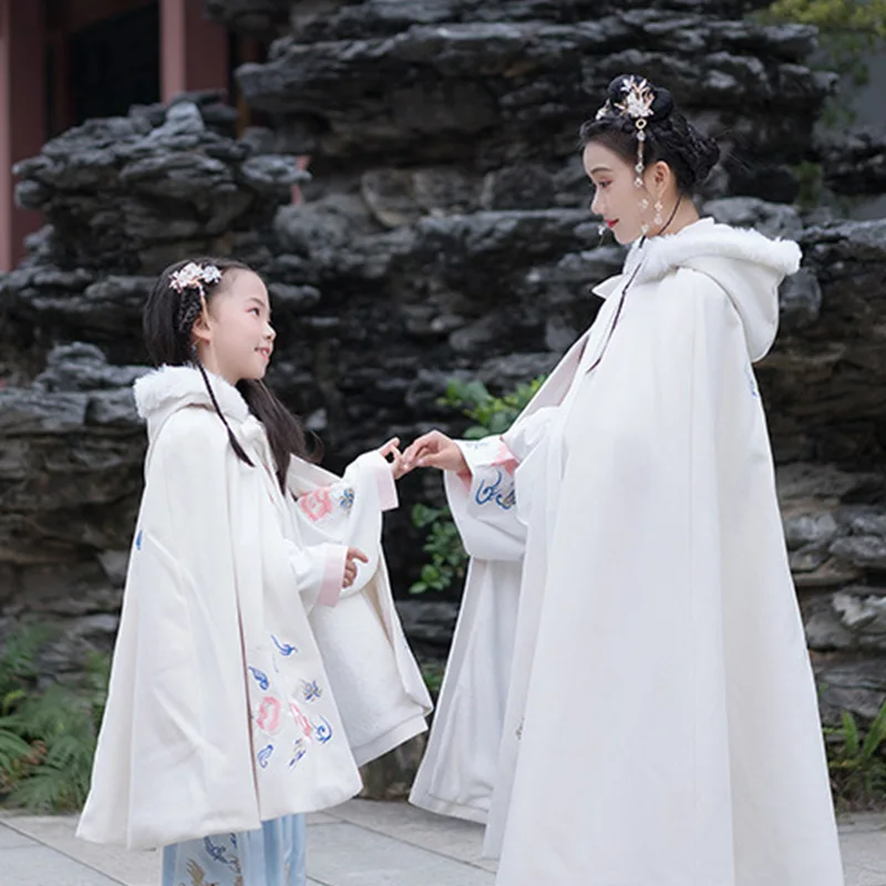Hanfu пальто для женщин вышивка осень и зима плащ дамы пальто народный фестивальный рейв наряд Дети с капюшоном сценическая одежда DC3400