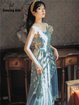 

Woman A-line Dress Sleeveless V-neck Elegant Dresses Vintage Floral-Printed Mesh-Patchwork Female Mid-calf Dresses 2020 Summer