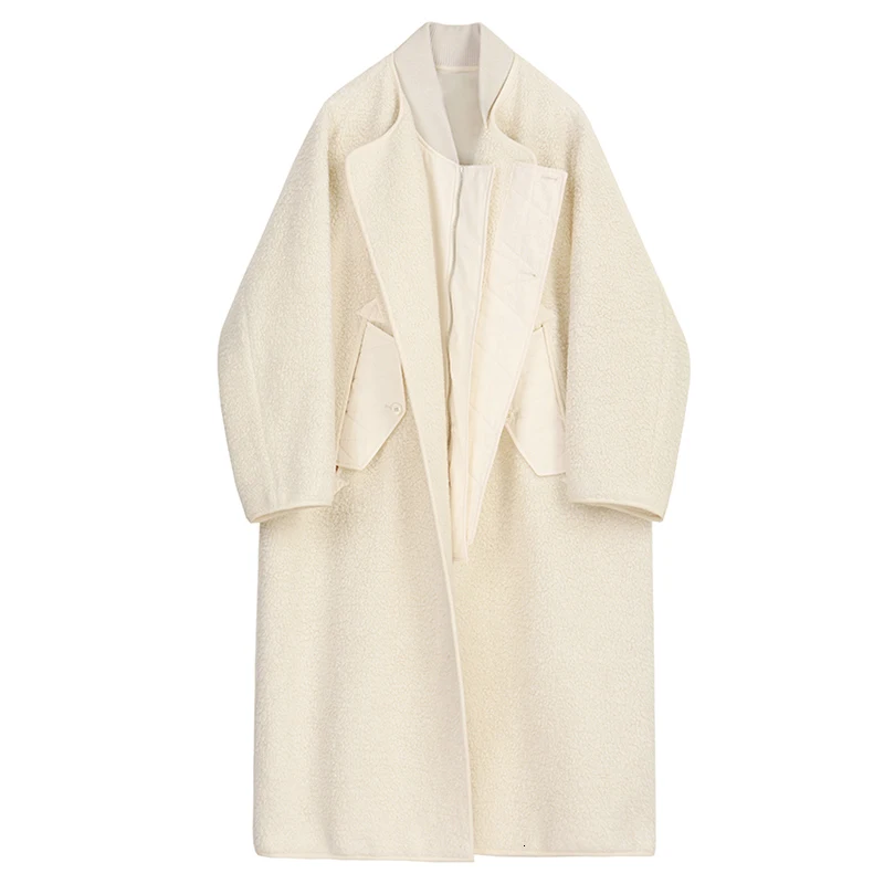 [EAM] длинное шерстяное пальто свободного кроя с разрезом большого размера, парки, новинка, длинный рукав, женская мода, Осень-зима, 19A-a736 - Цвет: creamy white
