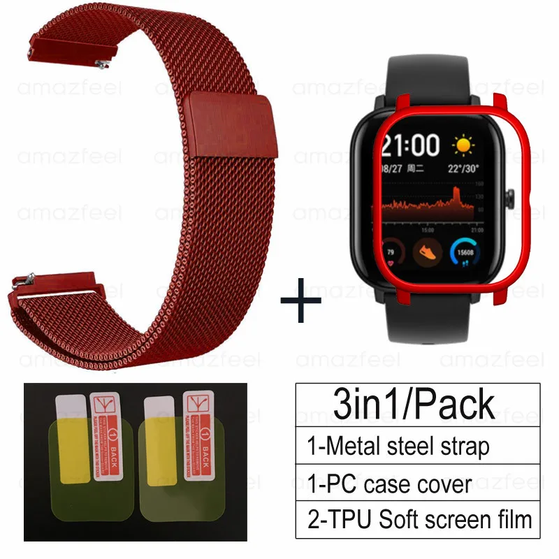 RED-RED 3в1 умные аксессуары для часов Ремешок для Amazfit GTS чехол металлический браслет для Huami Amazfit GTS Band Защитная пленка для экрана - Цвет: RED-RED