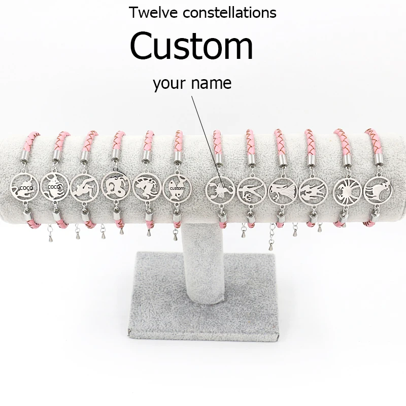 Custom 12 Constellation Bracelet Zodiac Sign Pink Braided Leather Name  Bangle Aries Leo Libra Luminous Dome  Punk Woman Jewelry custom 2020 high quality boundless luminous word characters led illuminated backlit letter logo sign