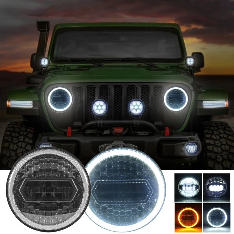 7 Inch Car Headlight Led Halo Headlights With Turn Signal Amber White Drl  For Jeep Wrangler Jk Headlamp-black 30000lm Ip67 - Car Headlight Bulbs(led)  - AliExpress