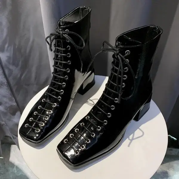 Обувь Bootee/ г. Женские ботинки до середины икры ботинки на низком каблуке ботинки с круглым носком женские короткие сапоги до середины икры на плоской подошве со шнуровкой - Цвет: 1