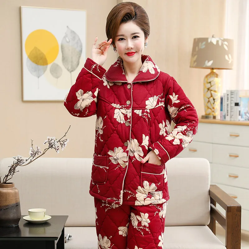 floral-quilted-pajamas-women-red-festive-printing-ladies-suit-lapel-long-sleeved-pajamas-set-home-service-big-yards-3xl-pyjamas