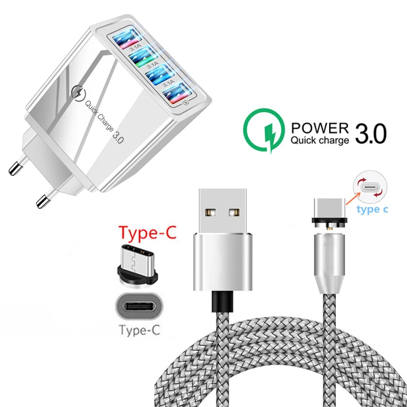 Сетевое зарядное устройство с 4 USB-портами и разъемом Type-c для Samsung S8 S9 S10 Plus Note 8 9 10 A20