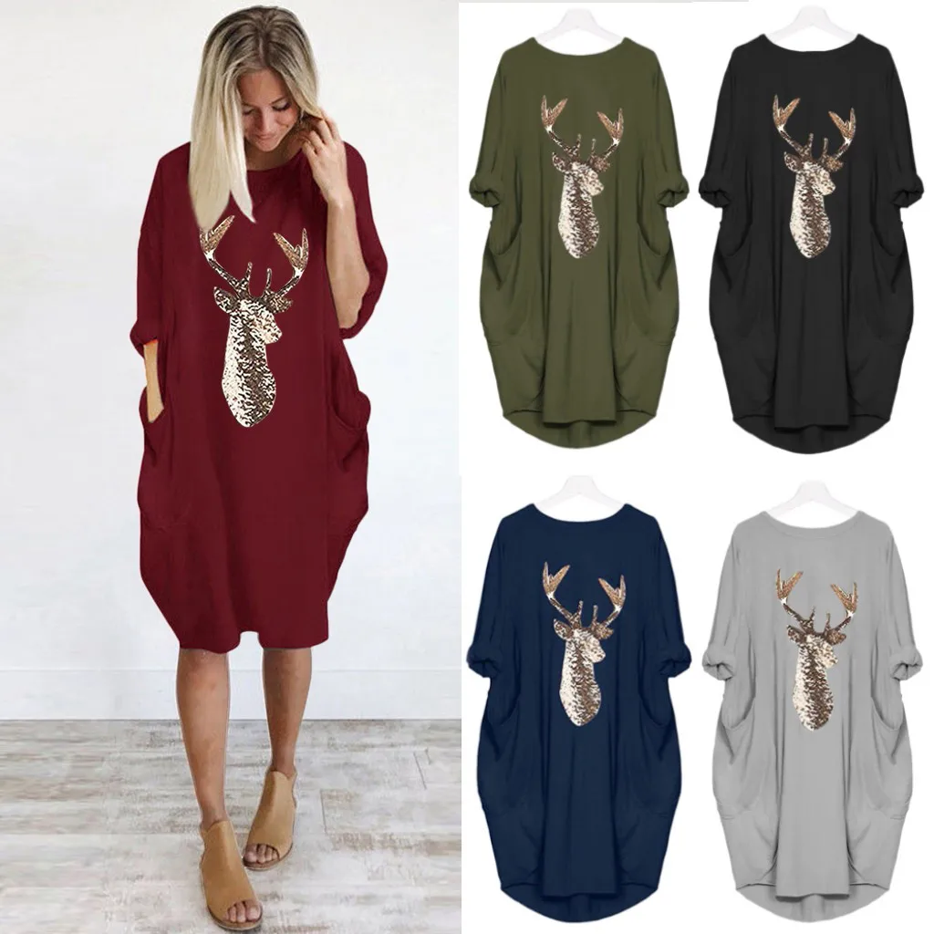 JAYCOSIN ladies dress winter large size round neck long sleeve solid color pocket dress Christmas antler print casual fashion