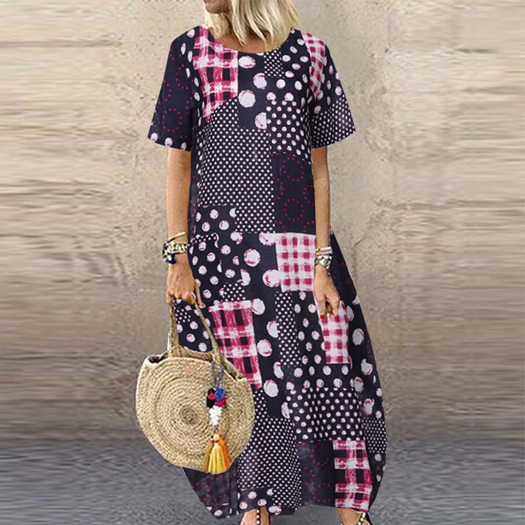 Woman Dress Summer O-neck Short Sleeve Print Casual Loose Maxi Flowy Comfy Robe Ete Femme Dresses For Women Dames Jurken | Женская