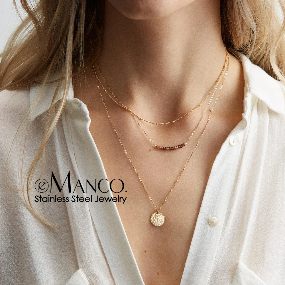 

eManco Multi Layered Necklace for Women Round Coin Pendant Crystal Choker Necklace Stainless Steel Fashion Jewelry Drop Shipping