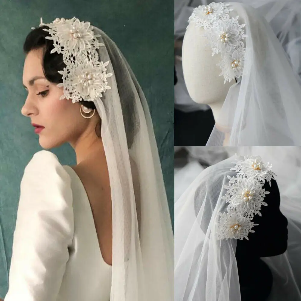 Vintage Wedding Veils Lace Short Pearls Bridal Veils White Ivory Elbow Princess 