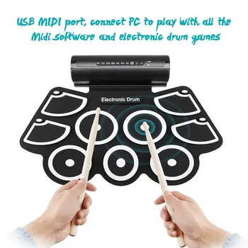 

9 Pads Compact Size Roll-Up Silicone Drum Set Digital Electronic Drum Kit Drum Drumsticks Foot Pedals Beginner Instrument
