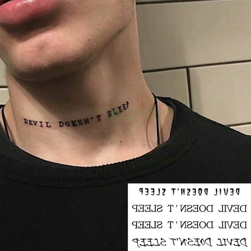 Waterproof Temporary Tattoo Sticker Black Devil Doesn T Sleep English Letters Flash Tatoo Fake Tatto Neck Wrist For Woman Men Temporary Tattoos Aliexpress