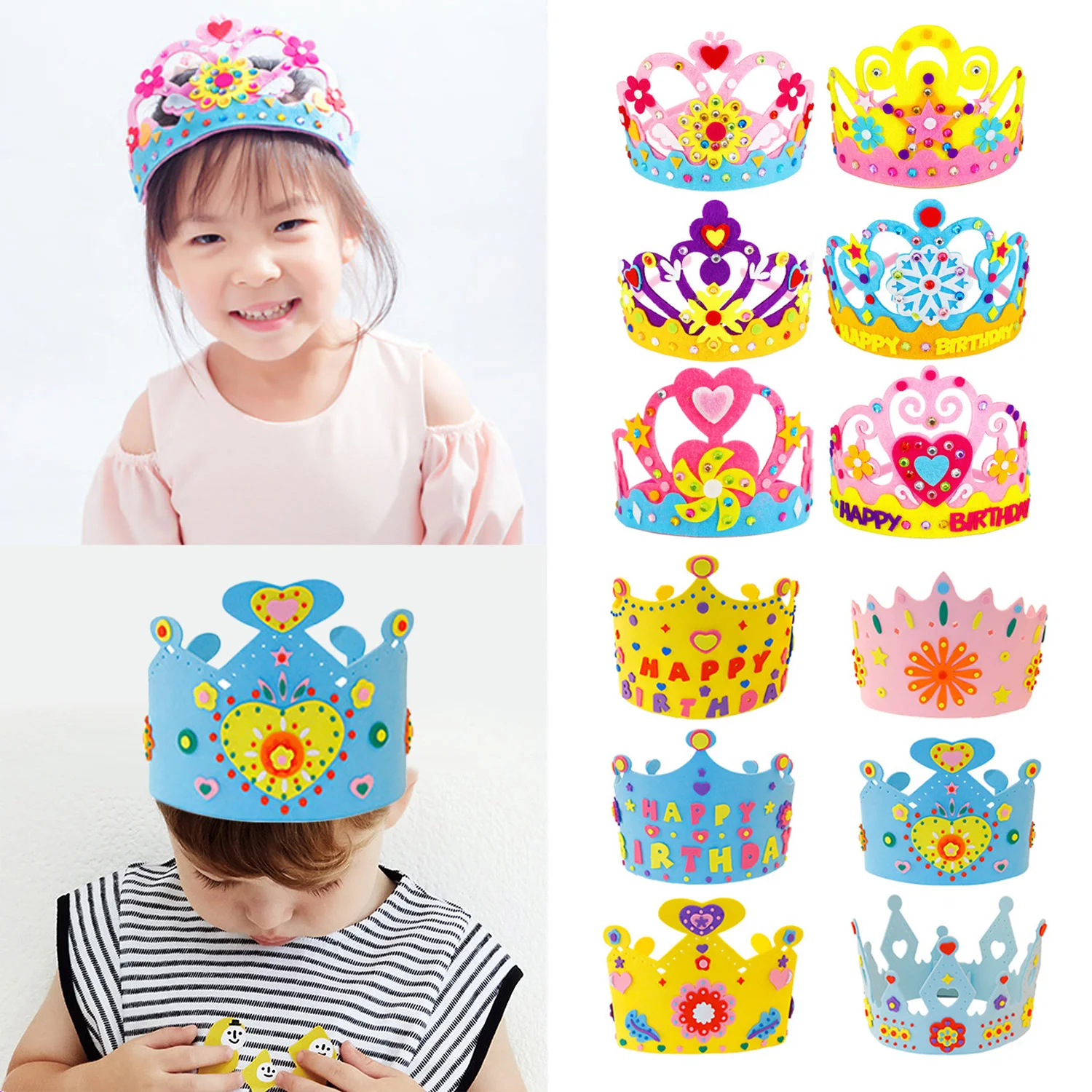 Kit de corona de lentejuelas de papel de espuma hecha a mano, tiara de cumpleaños, sombrero, artesanal juguete artesanal para niños, decoraciones de fiesta de Chico, estilo aleatorio