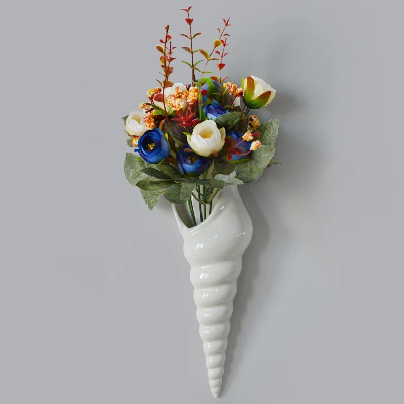 New-Modern White Ceramic Sea Shell Conch Flower Vase Wall Hanging Home Decor Living Room Background Wall Decorated Vase
