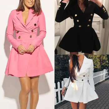 

Formal Work Dress Women Fashion Trend Notched Collar Sexy Deep V-Neck Full Sleeve Tailored Solid Button Party Mini Autumn Dress