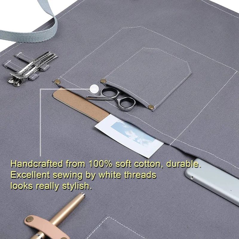 Cotton Apron Men and Women, Chef Grill Studio Apron with Adjustable Table Apron Coffee Hairdresser Tooling Apron Gray