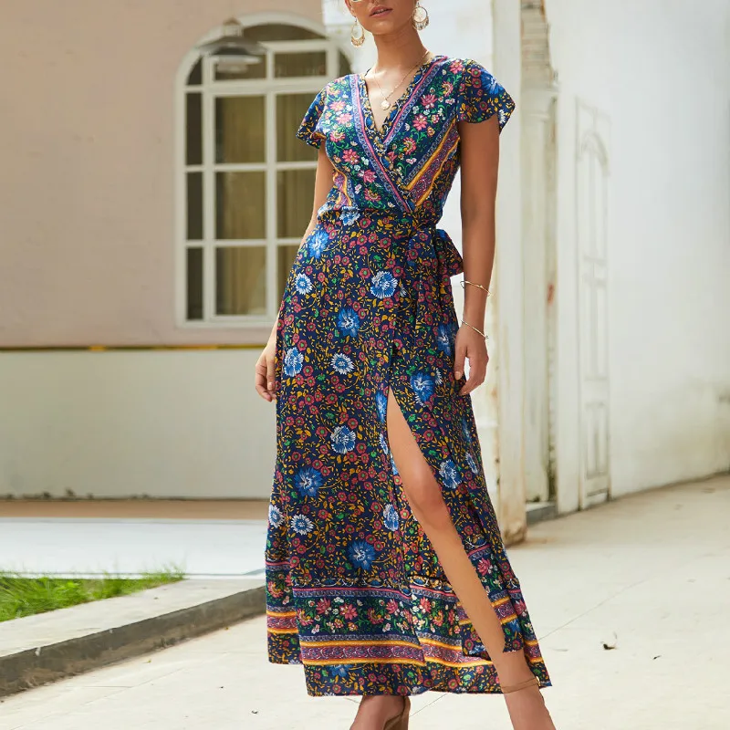 

Women Beach Long Dress Summer Sexy V Neck Boho Print Dress Casual Lace Up Slit Floral Dress Female Party Dresses Vestidos Tunic