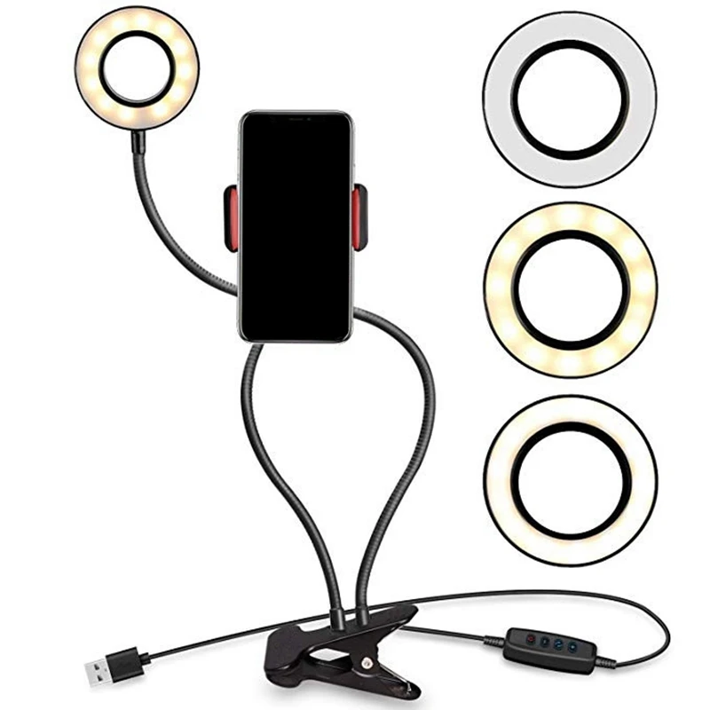 Suitable for Live Makeup Lighting Portable Phone Holder with Led Light,360/° Rotary Dimming Lazy Mobile Phone Holder Black