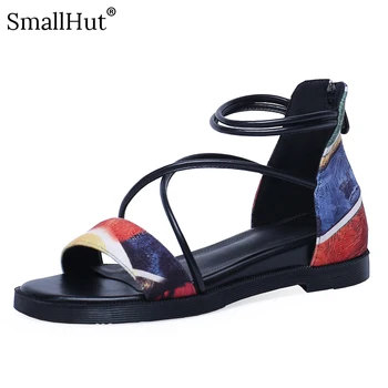 

Women Genuine Cow Leather Sandals Summer New Womans Casual Shoes Buckle Ankle Strap Mixed Colors E227 Black Ladies Flat Sandal