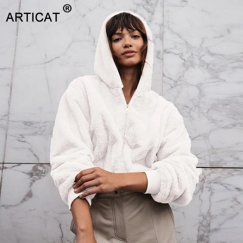 Articat/осенне-зимние женские толстовки с капюшоном из искусственной шерсти; белые короткие пуловеры на молнии; теплое пальто; свободные вечерние укороченные топы с капюшоном