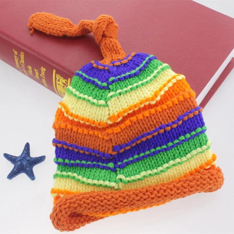 Children Photography Clothing Hand-knitted Colorful Horizontal Striped Wool Long Tail Cap Cute Kids Girls Boy Baby Winter Hats