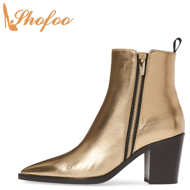 

Gold Patent Leather Woman Pointed Toe High Chunky Heels Booties Zipper Ankle Boots Large Size 13 15 Ladies Fashion Shoes Shofoo