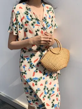 

Women's Print V-neck Mini Dress Short Sleeeve One-piece Wrap Lace-up Prairie Chic Fresh Short Dress 2020 Spring Summer New