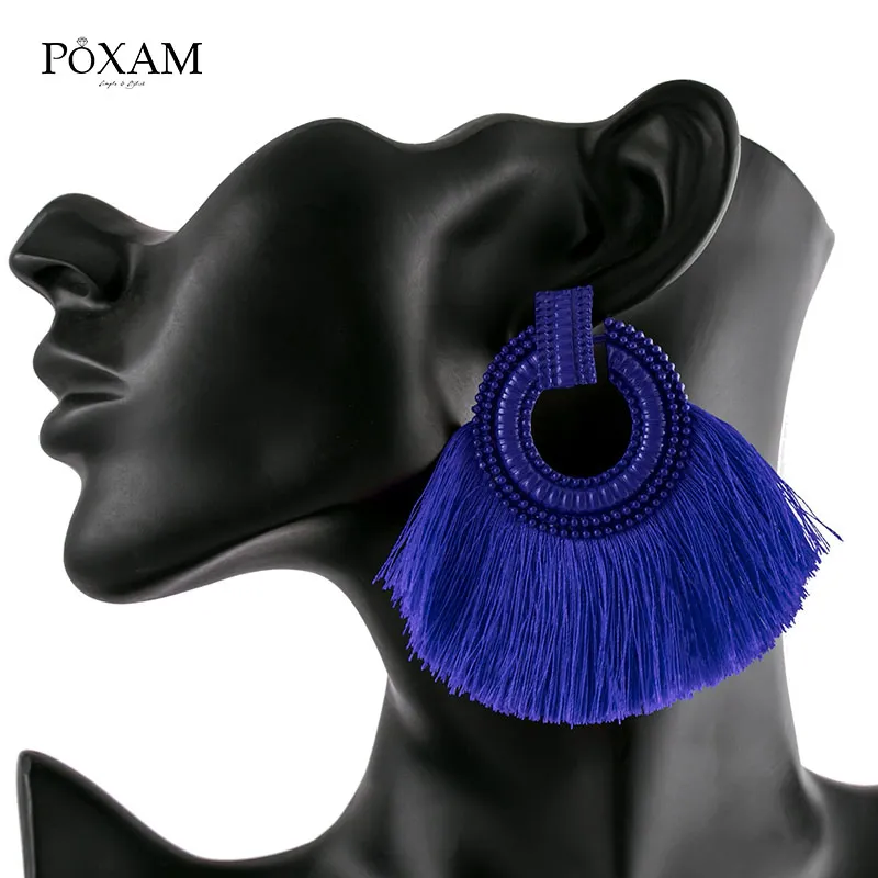 POXAM, модные серьги с большими кисточками для женщин, красные, синие, желтые шелковые ткани, длинные висячие серьги с бахромой, Boho, свадебные массивные украшения - Окраска металла: Type 22