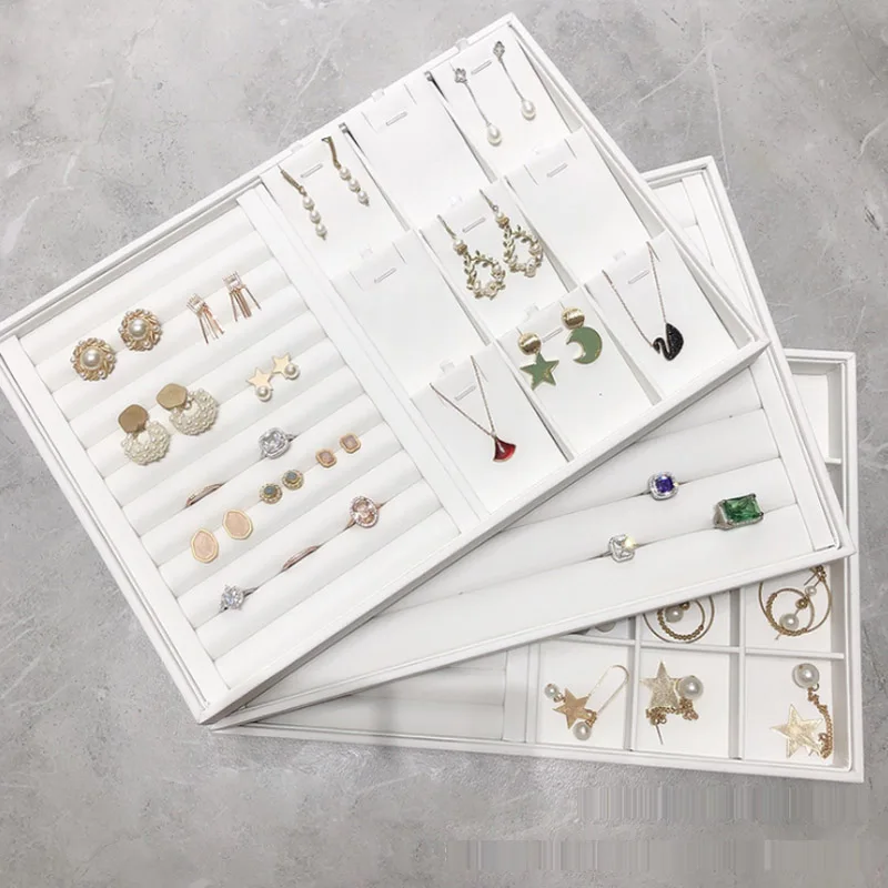 Factory Price Luxurious White PU Earring Jewellery Display Rings Tray Necklaces Holder Various Models for Woman Option Wholesale factory price 2 3 4 layer white