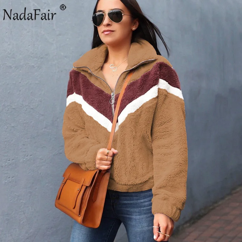 Nadafair, повседневная флисовая женская толстовка,, из кусков, на молнии, искусственный мех, больше размера d, зимняя пушистая толстовка, женская, размера плюс, пуловеры - Цвет: Camel