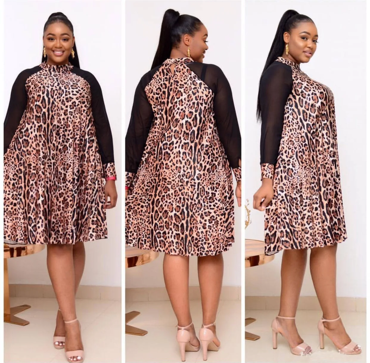African fashionable dress leopard pattern stitching mesh long sleeve commuter fat mother dress