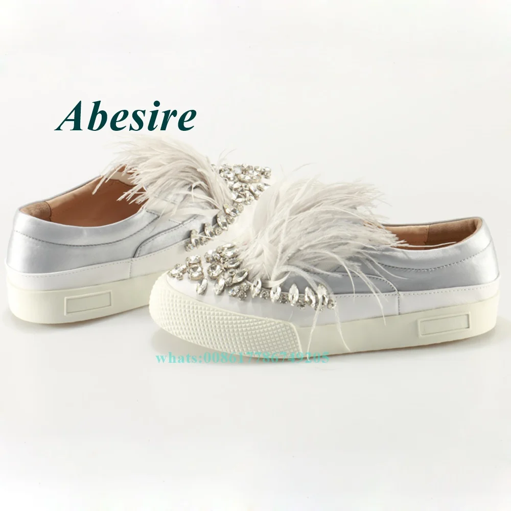 

Round Toe Sexy Feather Decorated Slip-On Flat Shoes Woman Luxury Rhinestone Embellished Loafers Shoes Patchwork Shoes Increasing