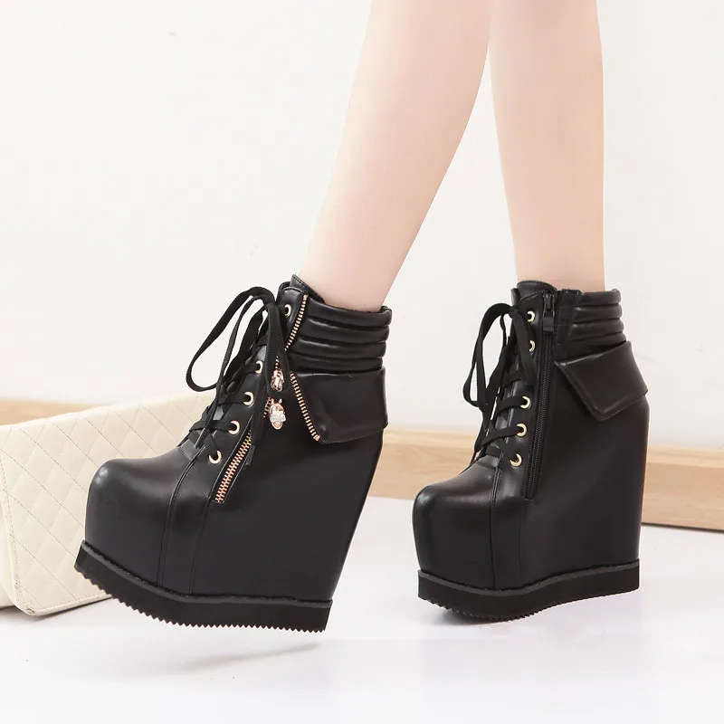 

YMECHIC Fashion Party Lace Up Ankle Winter Boots Women White Black Wedges Creepers Platform Gothic Punk Ladies Goth Shoes 2019