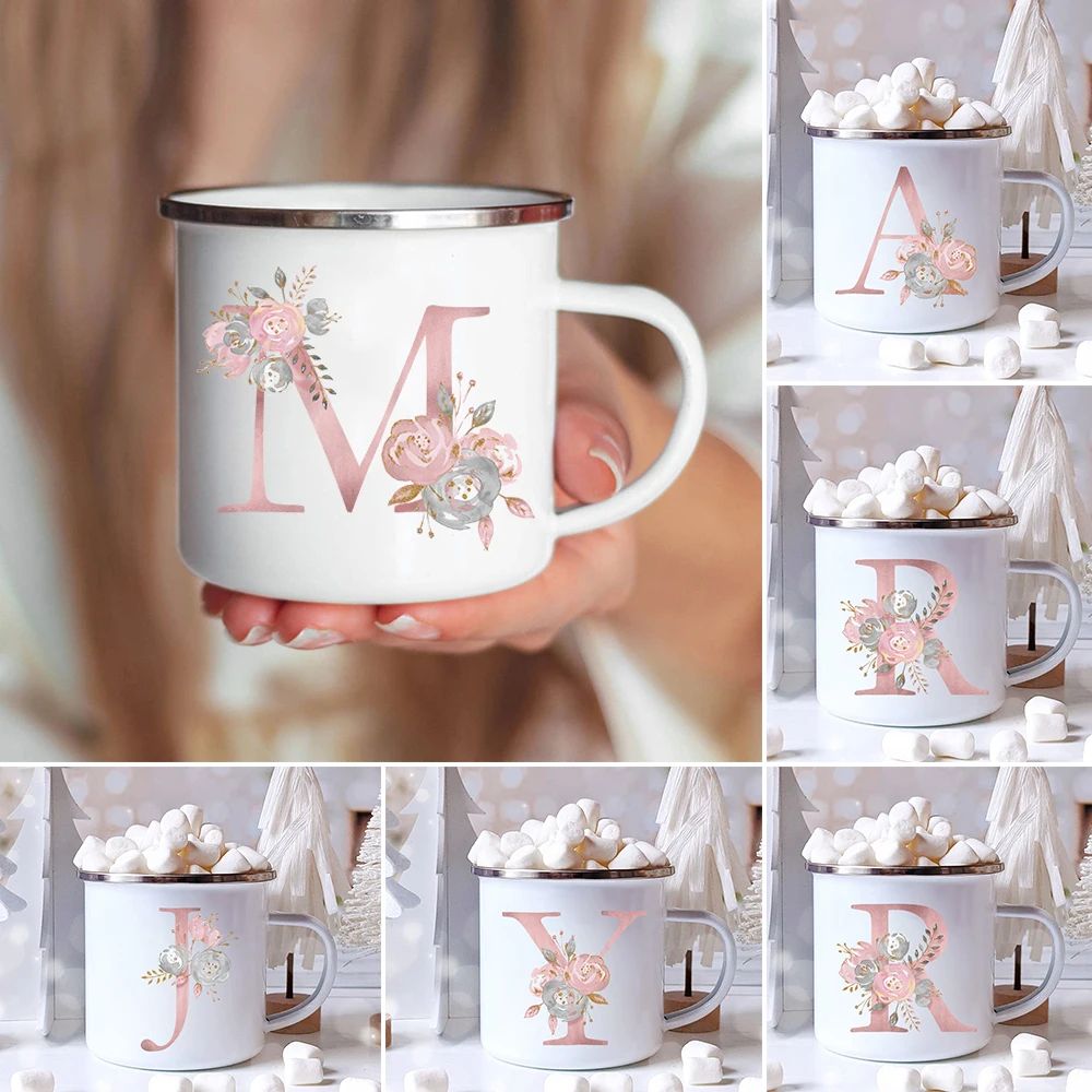 Coffee cup glass coffee mug ceramic mug ceramic coffee cup custom mug Pink Letter Flowers Enamel Coffee Mugs Bridal Party Creative Drinks Coffee Juice Milk Cups With Handle Water Mug Wedding Gifts