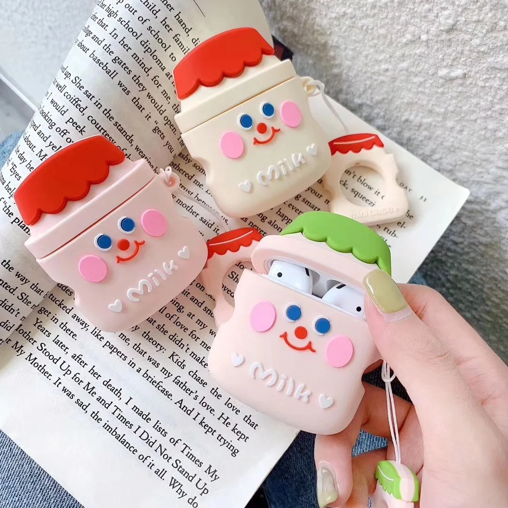 

For Apple AirPods 2/1 Case Cute Cartoon Milk Earphone Case Portable Silicone Earphone Cover for Airpods 2 Earpod Coque with Hook
