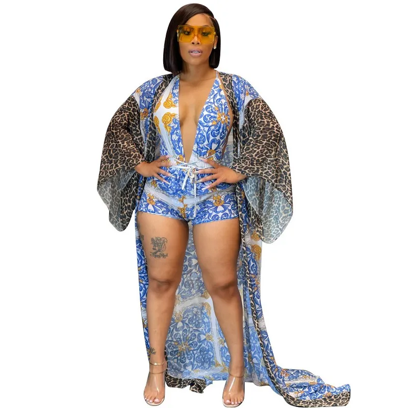 Sexy Swimsuit Set Shawl Shorts Swimsuit Three-Piece Set Printed Loose Women