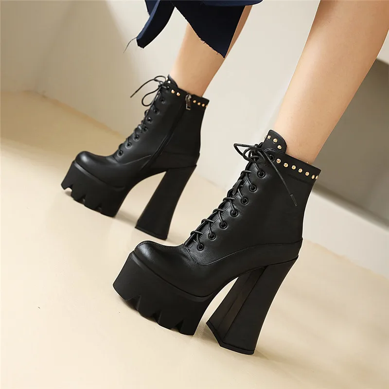 Drestrive Pu Leather Thick Heels 15cm Women's Ankle Boots Platform Rivet Zipper 2020 Winter High Heel Shoes Cross Tied Black