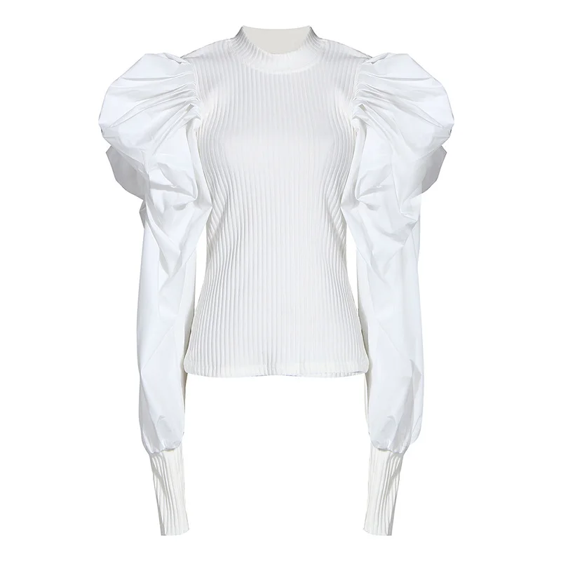 Women Black Knitting Sweater Burr Two Piece Blouse Pleated Puff Sleeve Tight Vintage Style Versatile Knitted Shirt Fashion Tide Women Black Knitting Sweater Burr Two Piece Blouse Pleated Puff Sleeve Tight Vintage Style Versatile Knitted Shirt Fashion Tide