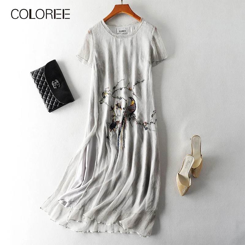 embroidered pleated midi dress