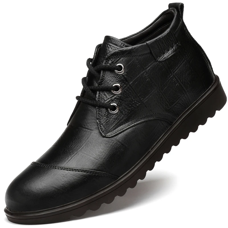 Зимние ботинки из натуральной кожи; мужские зимние ботинки с толстым мехом; модные деловые кожаные ботинки; Зимняя мужская обувь - Цвет: Black