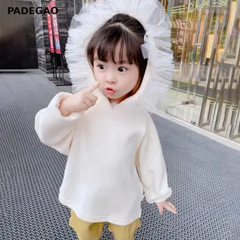 

Girls Hoodies Mesh Patchwork Hooded Hoodies Sweatshirts Baby Girls Pink White Gray Cotton Casual Sweatshirt Coats Kids Clothes