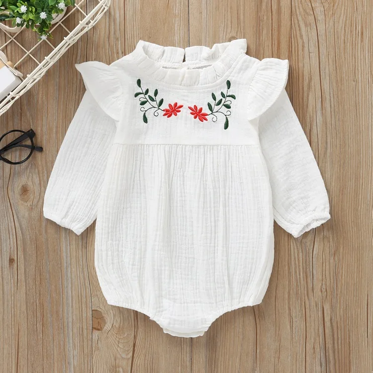 6M-2T bodysuit for girls embroidery flower on collar full length long sleeve solid color clothing