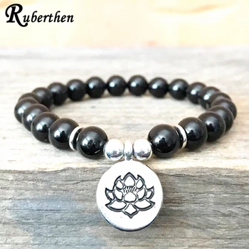 

Ruberthen A Grade Black Tourmaline Beaded Yoga Bracelet Trendy Yoga Bracelet for Womens Lotus Charm Meditation Mala Bracelet