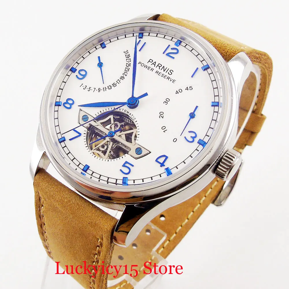

PARNIS 43mm White Dial Power Reserve Date Function Automatic Men Wristwatch Camel Strap Blue Marks
