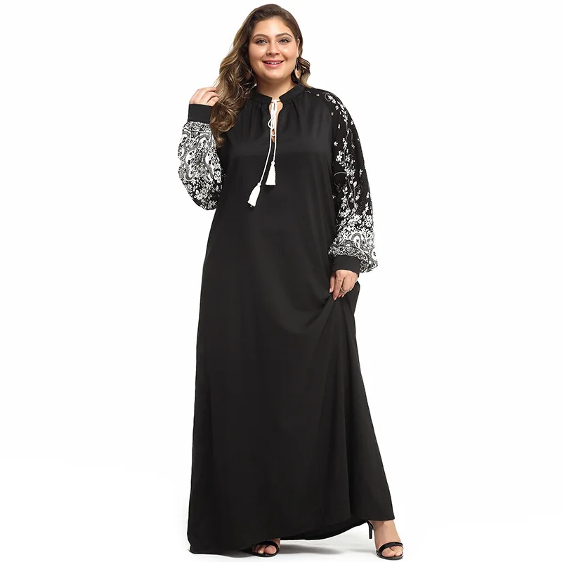 5XL плюс Размер Весна Осень платье женский, с цветочным принтом фонарь с длинным рукавом Черное длинное платье свободные над размером d мусульманские платья