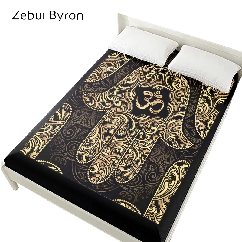 

3D Bed Sheets On Elastic Band Bed,Fitted Sheet 160x200,Mattress Cover for bed.Bedsheet Bedding,Linen OM Black golden Hamsa Hand